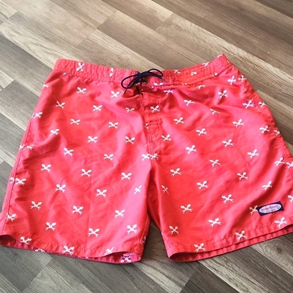 Vineyard Vines Swim Trunks Red with White Fish Skeleton Crossbones Size XL